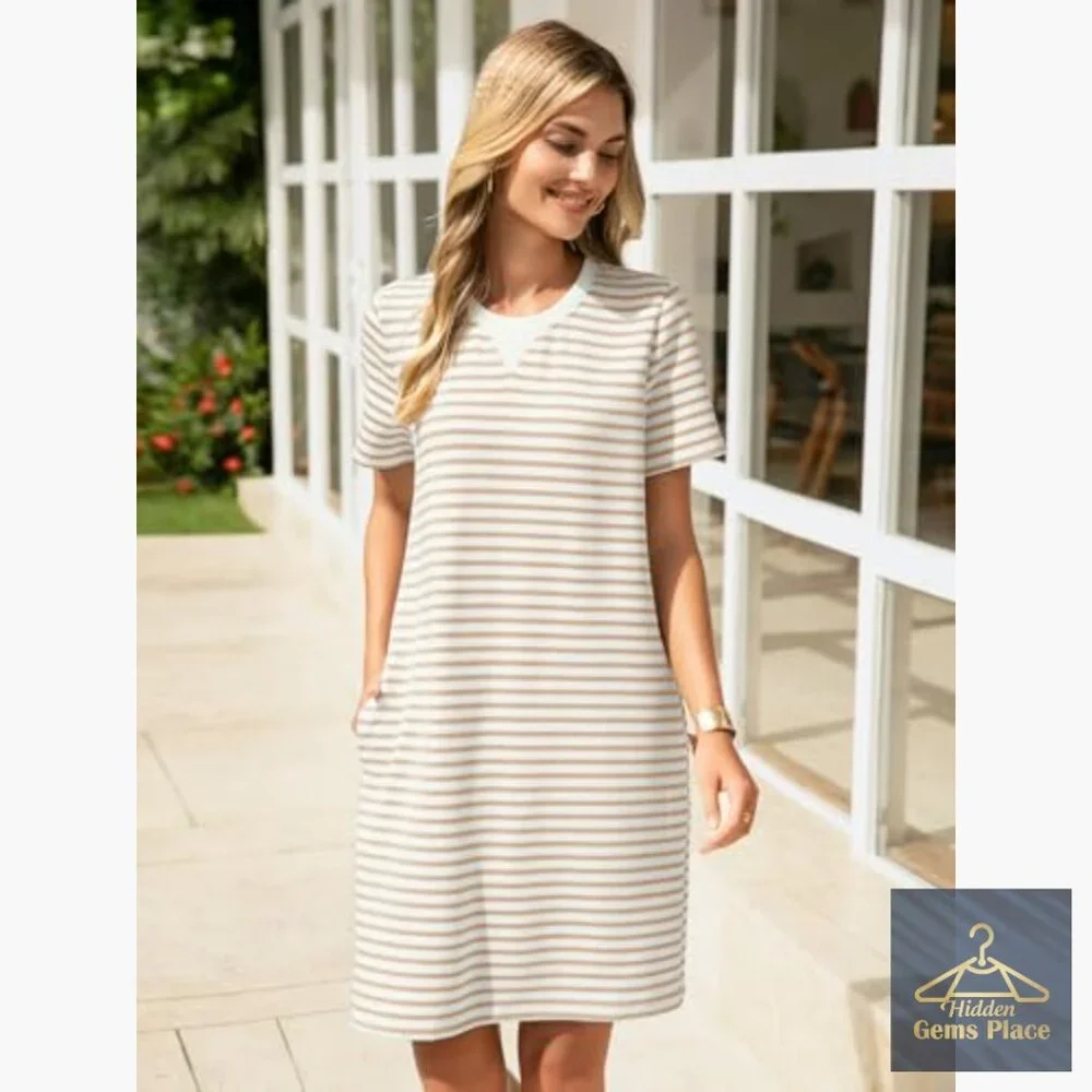 Knee-Length Shift Dress with Pockets, Striped, Short Sleeve, Casual Summer